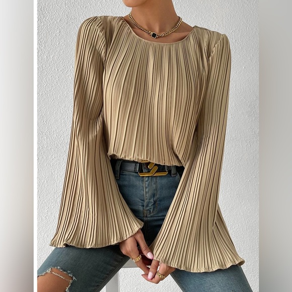 Gold Pleated Bell Sleeve Blouse - Picture 4 of 10